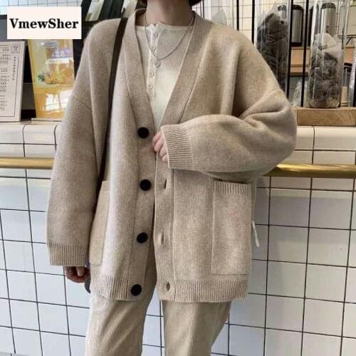 VmewSher New Women Cardigan Winter Long Sleeve Single Breasted Pockets Knitwear V-neck Elegant Knit Top Preppy Style Fashion