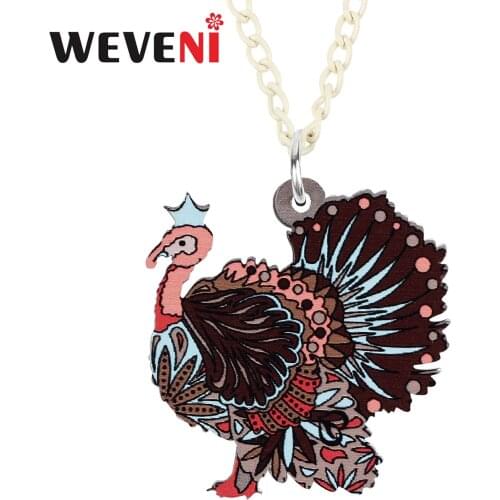 WEVENI Thanksgiving Acrylic Sweet Turkey Chicken Necklace Pendant Long Fashion Animals Chain Jewelry For Women Girls Charm Gifts