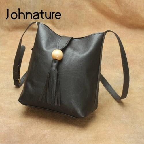 Johnature Casual 2020 New First Layer Cow Leather Tassel Bucket Women Bag Fashion Ladies Mini Bags Hasp Shoulder Messenger Bag