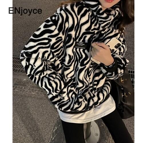 Women Winter Oversize Loose Corduroy Sweatshirt Vintage Thick Zebra Plush Flannel Pullover Korean Style Zipper Hoodie Clothes