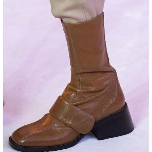 Women Fashion Ankle Booties Chunky Medium Heels Square Toe Zipper Short Boots High Quality Cow Genuine Leather Match Everything