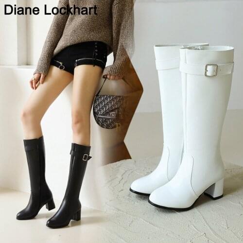 2021 Round Toe Knee High Boots for Women Comfortable Thick Heel Ladies Boots Side Zipper Women Winter Long Boots Black White
