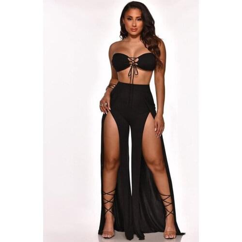 Summer Off The Shoulder Drawstring Wrap Chest Crop Top and Double High Split Wide Leg Pant Sexy Fashion Women Two Piece Outfits