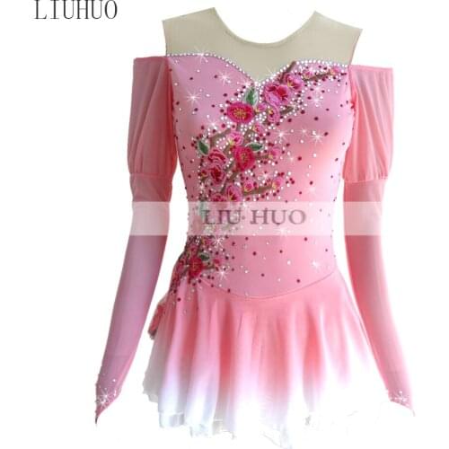 Figure Skating Dress Womens Girls' Ice Skating Dress Round neck long sleeve light pink Flower pattern Handmade strapless