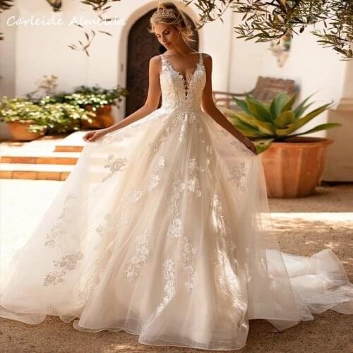 Vestido De Noiva V-Neck Backless A-Line Wedding Dresses 2021 Lace Appliques Court Train Princess Bridal Gown for Women
