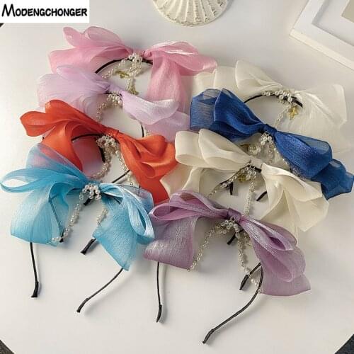 1PC New Ribbon Big Bow Crystal Pearl Link Hair Band Women Hair Accessories Hair Hoop Black Pink Girls Flower Lace Bow Headband