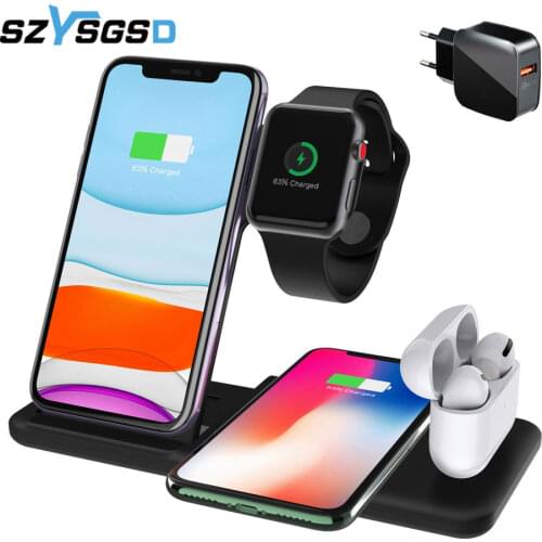 15W Qi Fast Wireless Charger Stand For iPhone 12/11/XR Apple Watch 4 in 1 Foldable Charging Dock Station for Airpods Pro iWatch