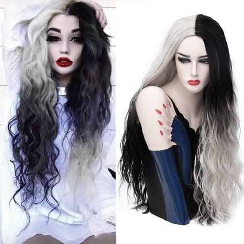 Long Curly Wavy Wigs for Women Ombre Black Silver Wig Cute Stylish Party Cosplay Wigs Synthetic Heat Resistant Wigs