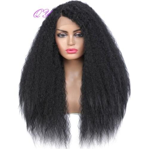 QY Hair Synthetic Lace Front Wigs For Black Or White Women Afro Kinky Curly Long Black Hair Natural