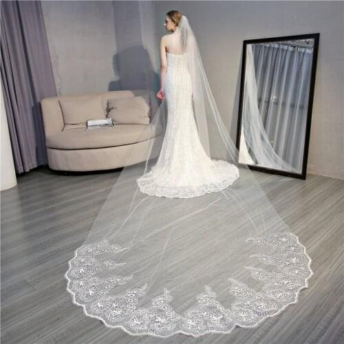 5Meters Long Bridal Veil White/Ivory Wedding Veil Applique Sequine Beaded Veil With Comb Cathedral Veil One-Layer 1.5Meter Width