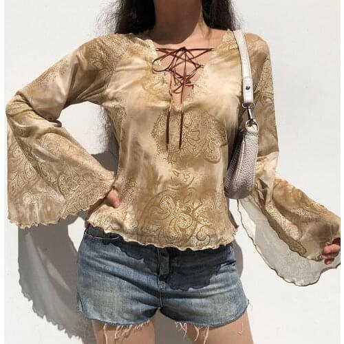 Print Mesh V Neck T Shirt Sexy Casual Fashion Flare Sleeve T Shirt 2021 Summer Lace Up Vintage Frill Elegant Women T Shirt