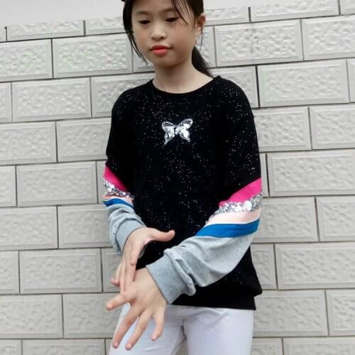 Girls long-sleeved T-Shirts sequins stitching tops Cotton Autumn Spring Childrens Large Kids Sequined Top Girls Clothing 4-12