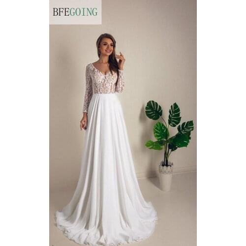 Lace Chiffon Long Sleeves V-Neck A-Line Wedding Dresses Sweep /Brush Train Custom Made Floor-Length Bridal Gowns