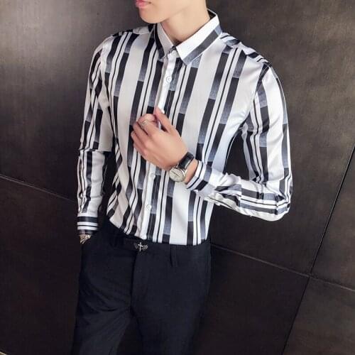 Mens spring autumn new long-sleeved shirt high-quality British style mens slim striped fashion shirt dress nightclub shirt