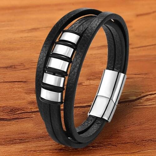 High Quality Fashion Wholesale Accessories Men Bracelet Leather Magnetic Charm Stainless Steel Bangles Rope Multilayer Christmas