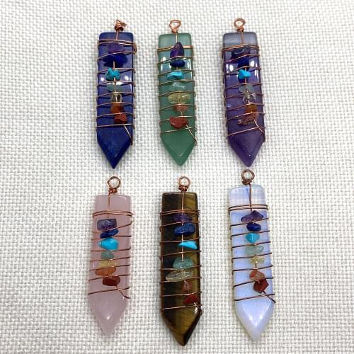 Natural Stone Seven Chakra Pendant Sword-shaped Opal Amethyst Turquoise Black Agate Halo Stone for DIY Handmade Jewelry Making
