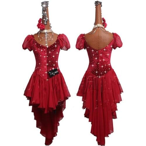 Rhinestone Latin Dance Dress Women Red Fringe Dress Lace Tango Cha Cha Rumba Salsa Party Dancer Singer Entertainer Latin Dress