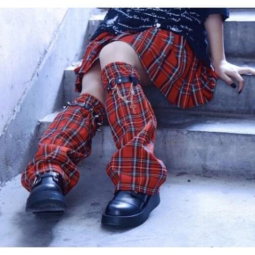 Ruibbit Leg Warmers Harajuku Black Red Plaid Rivet Metal Sweet Cool Pile Sock Leg Cover Cross Chain Y2K
