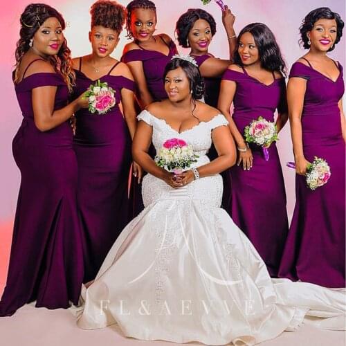 Sexy Purple Satin Spaghetti Straps Bridesmaid Dresses Off the Shoulder Mermaid Wedding Party Gowns Plus Size Formal Dresses