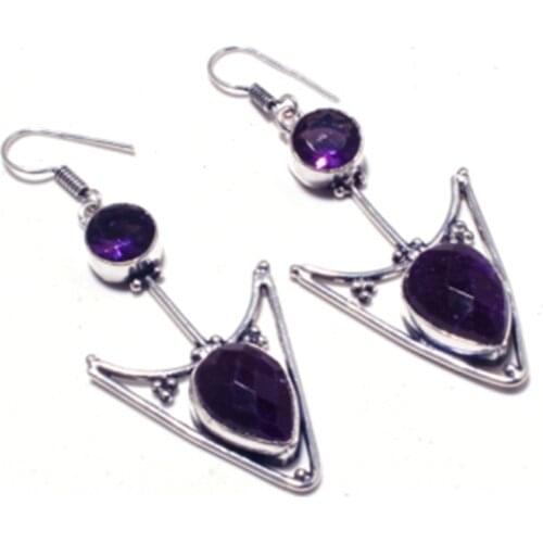 Genuine Amethyst + Rubellite Silver Overlay on Copper Earrings , Hand made Women Jewelry Gift, E5227