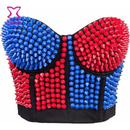 Blue/Red Resin Rivet Studded Sexy Bras Underwear Women Strapless Bra Bralette Soutien Gorge Push Up Bra Bustier Rock Clubwear