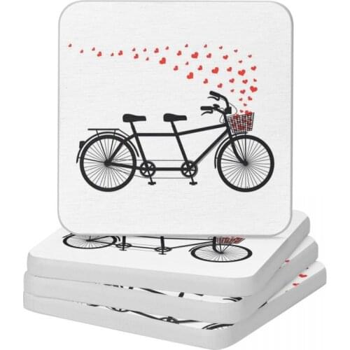 Tandem Bicycle And Flying Red Hearts Diatom Square Round Shape Coaster Non Slip Cup Bonsai Mat Soap Toothbrush Pad 10x10cm
