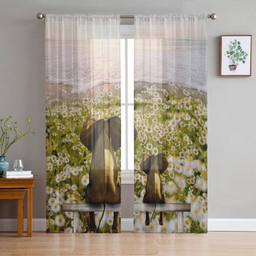 Elephant Watching Small Daisy Flower Field Voile Tulle Sheer Curtains for Bedroom Living Room Kitchen Decor Window Curtain