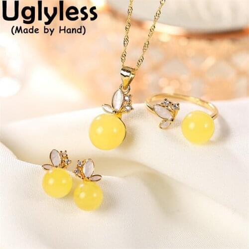 Uglyless 1Set Butterfly Jewelry Sets for Women Chicken Oil Beeswax Amber Necklaces Earrings Rings 925 Silver Insects + Chains