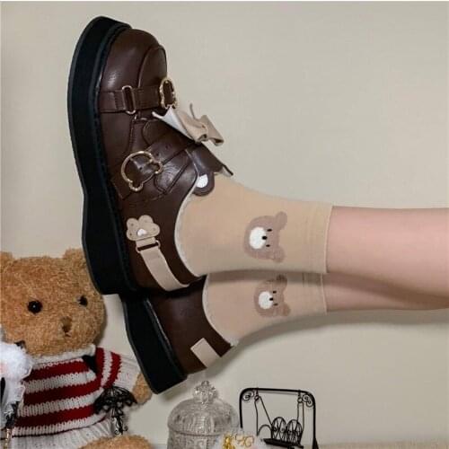 New Retro Jk Uniform Shoe Student Cute Japanese Bear Kawaii Bow Lolita Shoes Buckle Cosplay Anime Girls Goth Flats Mid Heel 4cm