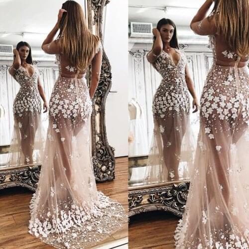 SuperKimJo Champagne Evening Dress Vestidos De Fiesta De Noche Beaded 3D Flowers Beaded Sexy Evening Gown Abendkleider