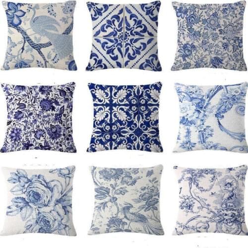 Vintage Blue Flower Cotton Linen Pillow Case Chinese Style Pillow Cover Bird Girl Pattern Cushion Cover for Home Decor 45*45 CM