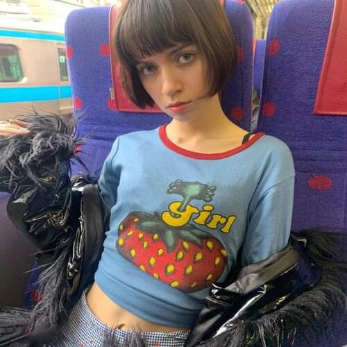 T-shirt female Retro blue stitching strawberry long-sleeved womens short crop top y2k harajuku kawaii