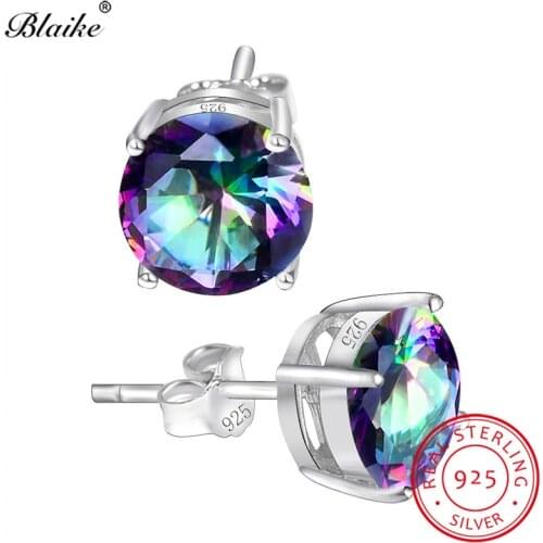 Blaike Mystic Rainbow Topaz Zircon Round Stone Stud Earrings For Women 100% Genuine 925 Sterling Silver Earrings Wedding Studs