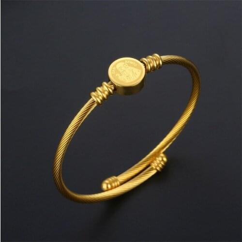 Religion Catholicism San Benito Rosary Bracelet Ring Women Stainless steel Open Cuff Bracelet Christian Jewelry Gift