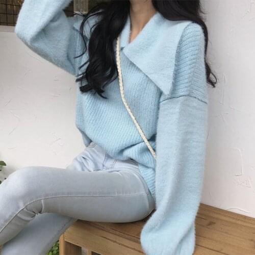 Mink Cashmere Sweater Women Turn Down Collar Long Sleeve Loose Pullovers Solid Knitted Jumpers Korean Autumn Winter Outwear X306