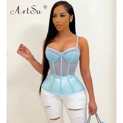 ArtSu Women Fashion Skinny See Through Mesh Corset Tops Sleeveless 2021 New Summer Sexy Tank Top Streetwear Club Party