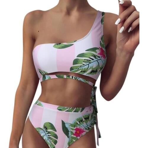 Women One Shoulder Bikini with High Waist Briefs Tropical Pattern Printing Adjustable Belt Summer Clothes