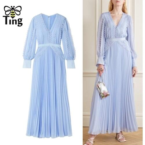 Tingfly 2021 Vogue New Self Portrait Blue Lace Pleated Long Dress Vintage Elegant Women Party Dinner Dresses Elbise Luxury Robes
