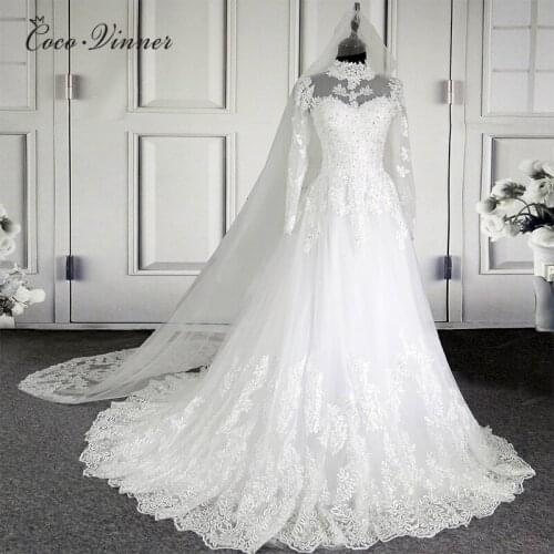 C.V New High Neck Illusion Lace Wedding Dresses 201 Ball Gown Mousseline Long Sleeve Vintage Quality Bridal Wedding Dress W0207
