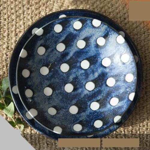 8inch Blue Plates White Dots Handcraft Ceramic Dessert Plates Tableware Dishes