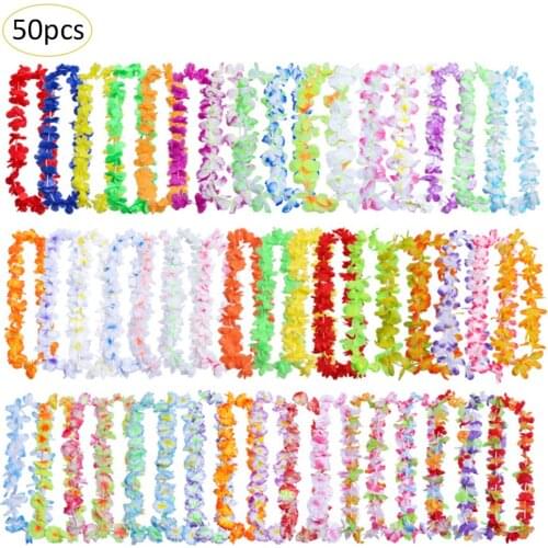 50pcs Hawaiian Wreath Hawaiian Leis Garland Artificial Necklace Hawaii Flowers Leis Spring Party Supplies Beach Fun Wreath