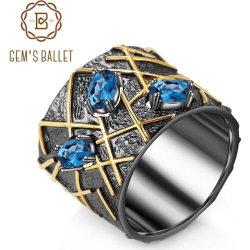 GEMS BALLET Natural London Blue Topaz Gemstones Fine Jewelry 925 Sterling Silver Original Handmade Cross Line Rings for Women