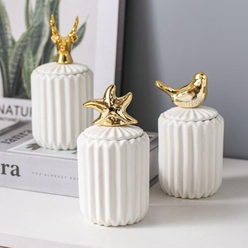 Nordic Ceramic Cotton Swab Storage Box Creative Toothpick Organizer With Small Animal Plating Lid Jewelry Box Sealed Candy Jar