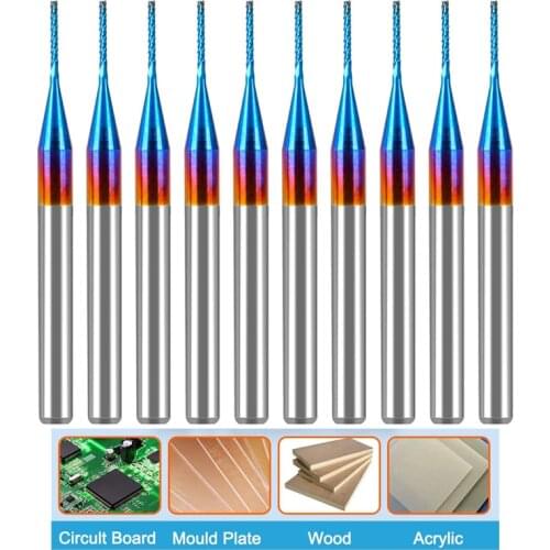 10pcs Carbide End Mill Cutter Nano Blue Coated Engraving Milling Cutter 1/8 Inch CNC Router Bits for PCB Machine 0.5 0.6 0.7mm