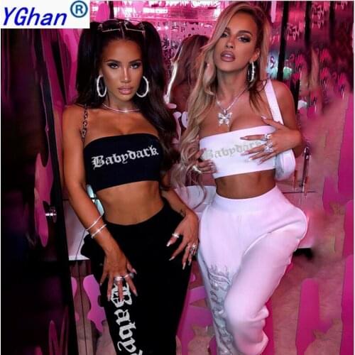 Diamond Letter Two Piece Set Women Sports Suit Sexy Crop Top + Long Pants Sets Fashion 2 Piece Female Tracksuit 2021