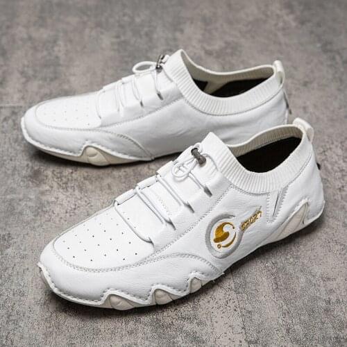 Popular Leather Sock Shoes Fashion White Sneakers For Men Casual Mens Shoes Genuine Leather Breathable Outdoor Shoes Man Loafers