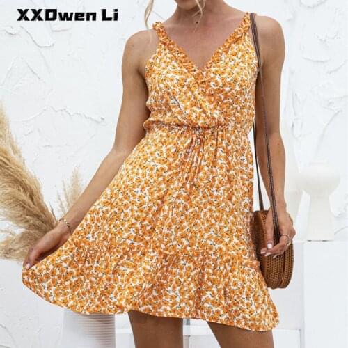 Summer Sexy Backless Straps Spaghetti Floral Print Mini Dress 2021 Casual Sleeveless Beach Party Ruffles Dress Women Sundress