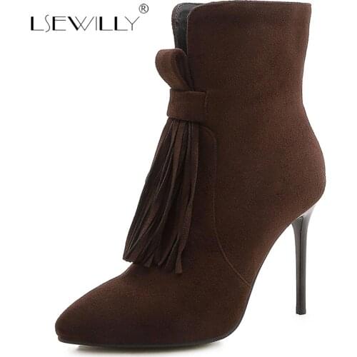 Lsewilly Autumn Sexy Women Short Boots Zip Thin High heels Boots Lady Tassel Pointed toe Female Ankle Boots Size 33-46 S886