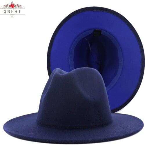 QBHAT Trendy Navy Blue Royalblue Patchwork Faux Wool Fedora Hats Women Men Felt Vintage Panama Jazz Cap with Belt Buckle