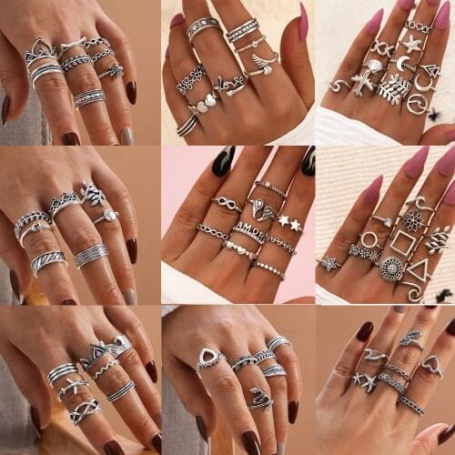 Mix Design Bohemia Geometric Totem Ring Set Ethnic Punk Heart Infinite Shape Antique Silver Color Knuckle Finger Midi Rings